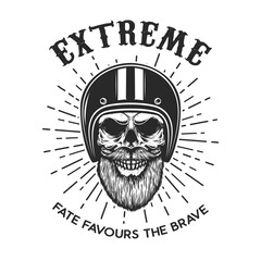 Extreme. Bearded skull in racer helmet. Design element for logo, label, sign, emblem, poster, t shirt. Vector illustration