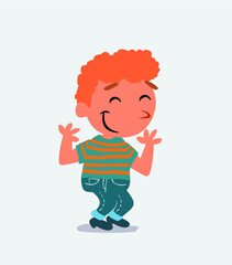  cartoon character of little boy on jeans shrinks somewhat shy