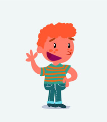 cartoon character of little boy on jeans waving happily