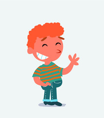 cartoon character of little boy on jeans waving informally while laughing