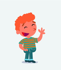 cartoon character of little boy on jeans waving informally while smiling