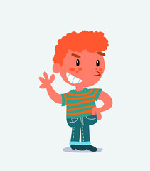 cartoon character of little boy on jeans waving while smiling