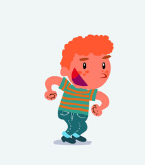 Euphoric cartoon character of little boy on jeans makes plans