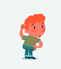 funny cartoon character of little boy on jeans doubting