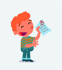 happy cartoon character of little boy on jeans explaining something with exam in hand.