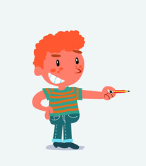 happy cartoon character of little boy on jeans points with pencil to the side.