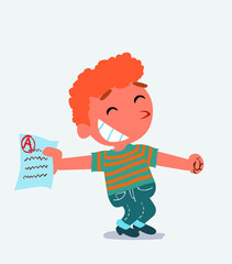  happy cartoon character of little boy on jeans rejoices with exam in hand.