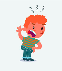  Indigned cartoon character of little boy on jeans vehemently shakes his hand