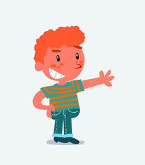  Pleased cartoon character of little boy on jeans points to something