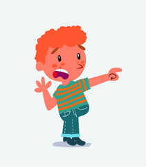 Surprised cartoon character of little boy on jeans pointing at something