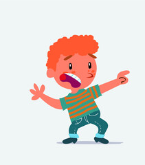 Scared cartoon character of little boy on jeans points to the side.