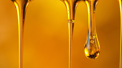 Pouring oil or honey drop on golden background. Macro shot.