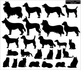 Silhouettes of cats and dogs on a white background. Pets.
