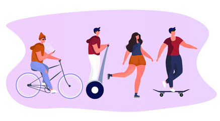 Fototapeta na wymiar Outdoor Activities: Scooter,Skateboard, Bicycle, Roller Skates. Boy Riding Bicycle, Girl Roller Skating, Guy on Kick Scooter and Scooter. Summer Time. Flat Vector Illustration