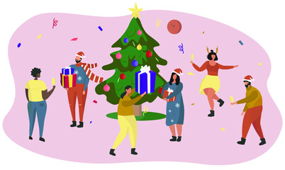 People celebrating Christmas.Business People Celebrating New Year and Christmas Party.Winter Holidays corporate Party. Joyful Characters in Santa Hats and Deer Horns. Tree and confetti.Flat Vector.