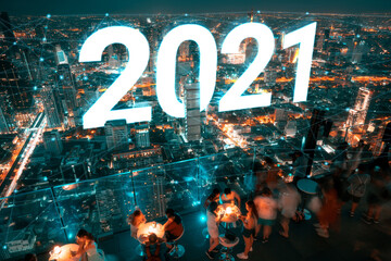 New year 2021 forward to next futrue technology modern city network in cyber punk theme color concept.