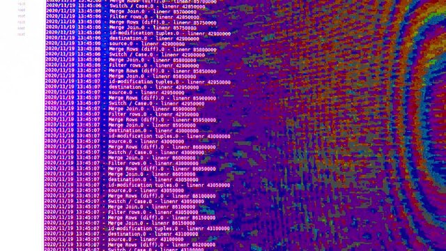 Violet glitch computer software code moving on a black monitor. Computer hacking in process, dynamic text running and flowing on pc screen