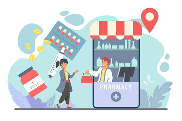 Online pharmacy store tiny people illustration concept. Application on smartphone for pharmacy store. Suitable For Wallpaper, Banner, Background, Card, And Web Landing Page