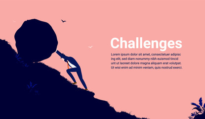Business challenges - Businessman working hard pushing boulder up hill. Challenge, determination and persistence concept. Vector illustration. © Knut