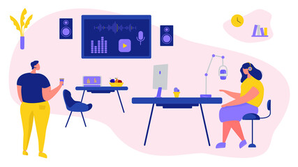Recording studio. Girl with her headphones on. Male is drinking coffee. Female is speaking into the microphone. Background with loudspeakers. Flat vector illustrstion.