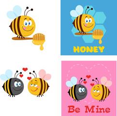 Bee Cartoon Characters. Flat Vector Collection Set Isolated On White Background