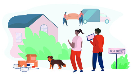 Renting House to Family.Big House For Rent or Sale.Family Characters Rent New House.Property Renting.Afro American Woman and her Husband Moving Home.Relocation Process.Flat Vector Illustration 