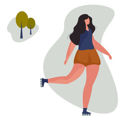 Roller skating girl. Woman roller skates in the park. Female person in blue t shirt. Roller blading flat vector illustration. 