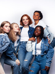 Fototapeta premium diverse multi nation girls group, teenage friends company cheerful having fun, happy smiling, cute posing isolated on white background, lifestyle people concept, african-american, asian and caucasian