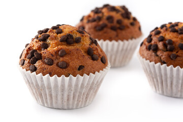 Just baked chocolate muffin isolated on white background