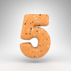 Number 5 on white background. 3D number with orange terrazzo pattern texture.
