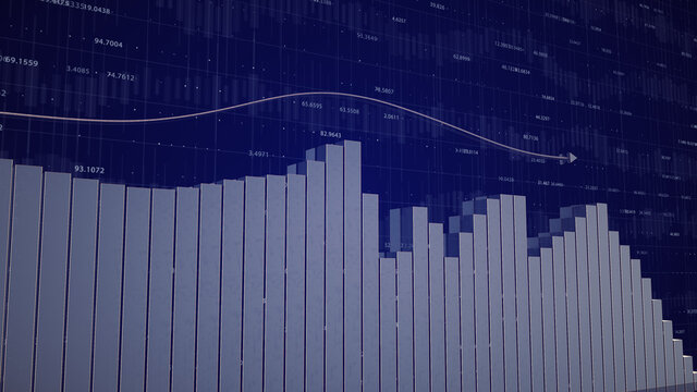 Stock Market Bar Chart With Growing Arrow.Business Stock Charts And Graphics.Market Volatility.Candles And Abstract Digital Infographic On The Background.3D And 2D Graphic.Blue