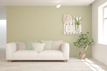 White living room with sofa. Scandinavian interior design. 3D illustration