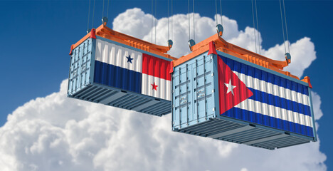 Freight containers with Cuba and Panama national flags. 3D Rendering 