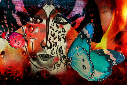 Abstract face of crying woman. Bizarre face drawing by pen on paper lined sheet. Fantasy photo collage with exotic butterflies. Burning fire. Red flame. Window pane covered with raindrops like a tears