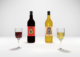 Zwei Weinflaschen, eine mit Rotwein, eine mit Weißwein,  zwei Weingläser, eine mit Rotwein, eine mit Weißwein, Etiketten stylistisch modern, Hintergrund weiß