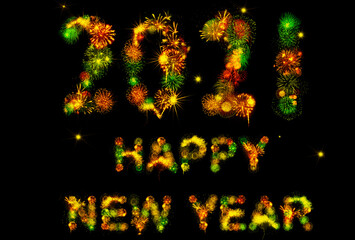 2021 New Year.  Two thousand twenty one Happy New Year. Numbers are made of holiday fireworks over the on black