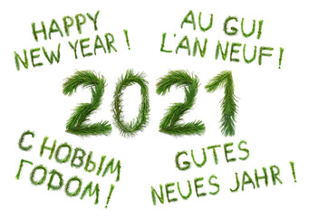 2021 Happy New Year. Two thousand twenty one. Congratulation words in English, Russian, French and...
