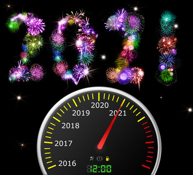 2021 New Year on a car speedometer scale. Stars and sparkles in the dark background. Happy Celebration. Winter Holidays