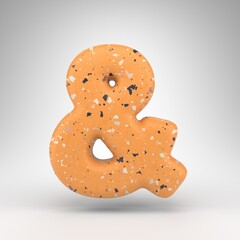 Ampersand symbol on white background. 3D sign with orange terrazzo pattern texture.
