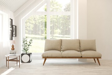 White living room with sofa and summer landscape in window. Scandinavian interior design. 3D illustration