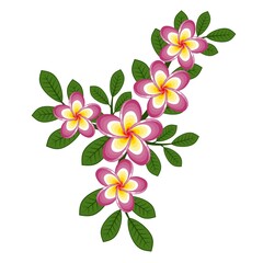 Decorative stylized colorful flowers.
Green branch with pink flowers on a white background. Vector illustration.