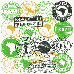 Brazil Set of Stamps. Travel Passport Stamps. Made In Product. Design Seals in Old Style Insignia. Icon Clip Art Vector Collection.