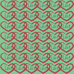 Seamless colored pattern with the word love, and a pattern of hearts