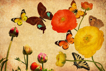 Textured old paper background with beautiful wild flowers and exotic butterflies