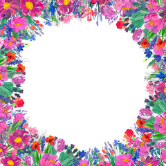 Hand-painted floral border. Wildrlowers on white background