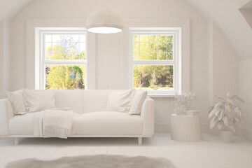 Stylish room in white color with sofa and autumn landscape in window. Scandinavian interior design. 3D illustration