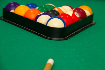 Game of billiards. Balls for billiards and cues