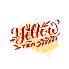 Vector illustration of yellow tea brush lettering for package, banner, flyer, poster, bistro, café, shop signage, advertisement design. Handwritten text for template, sign, billboard, print 
