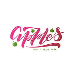 Vector illustration of apples from a fruit farm lettering for banner, flyer, poster, clothes, logo, advertisement design. Handwritten text for template, billboard, printing. 
