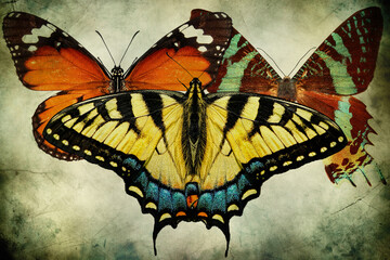 Old paper texture with exotic magnificent butterflies. Common yellow swallowtail, Papilio machaon. Danaus chrysippus, Plain tiger or African monarch.  Madagascan sunset moth, Chrysiridia rhipheus